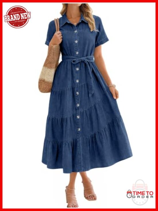 Dresses & Skirts - Women's Denim Shirt Dress - Casual Belted Midi with Pockets